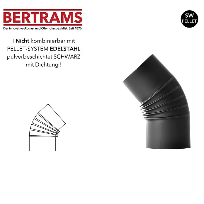 Bertrams Rohrbogen Pellet - Durchmesser: 80 mm, Bogenwinkel: 45 °, Stahl, Schwarz - Schwarzer, pulverbeschichteter Edelstahl-Bogen für Pellet-Systeme mit Dichtung.