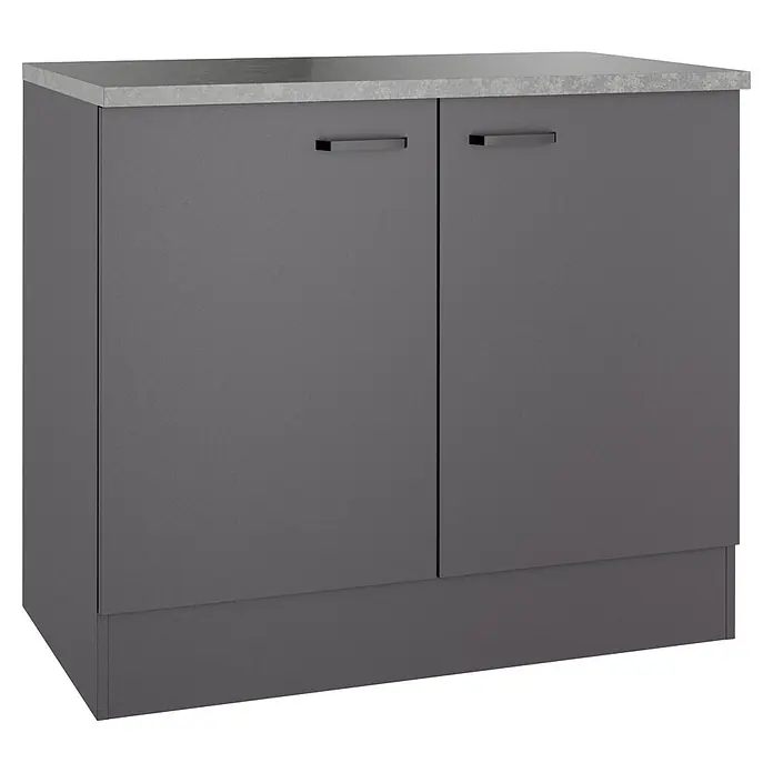 Optifit Optimulti Spülenunterschrank Kiel420 - 60 x 100 x 88 cm, Dekor Front: Grau matt - Dunkelgrauer zweitüriger Schrank mit heller Arbeitsplatte und modernen Griffen.