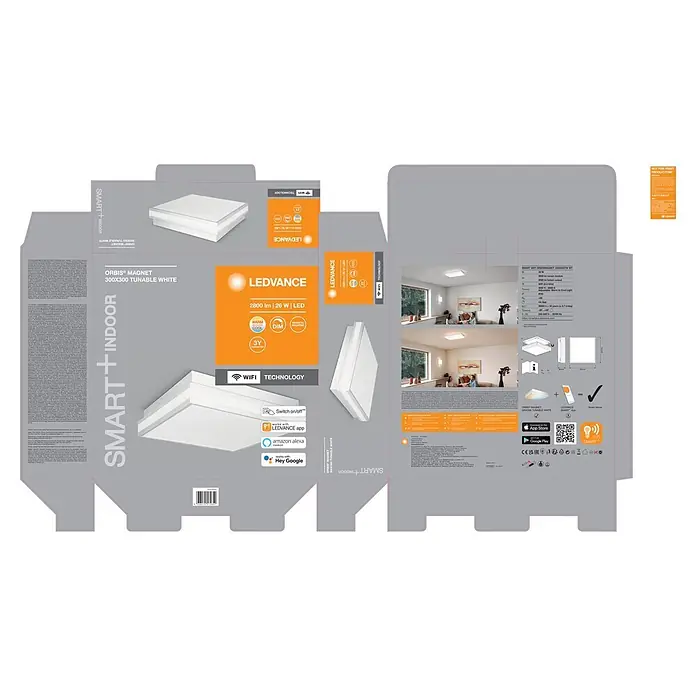 Ledvance LED-Deckenleuchte - 26 W, L x B x H: 30 x 30 x 8,6 cm, Weiß, Warmweiß - Weißes quadratisches LEDVANCE ORBIS MAGNET Smart LED-Panel mit einstellbarer Lichtfarbe.