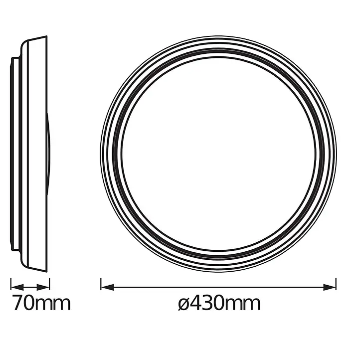 Ledvance Smart+ WiFi LED-Deckenleuchte rund Ceiling Plate - 26 W, Ø x H: 430 x 70 mm, Grau - Technische Zeichnung einer runden Leuchte mit 430mm Durchmesser und 70mm Tiefe.