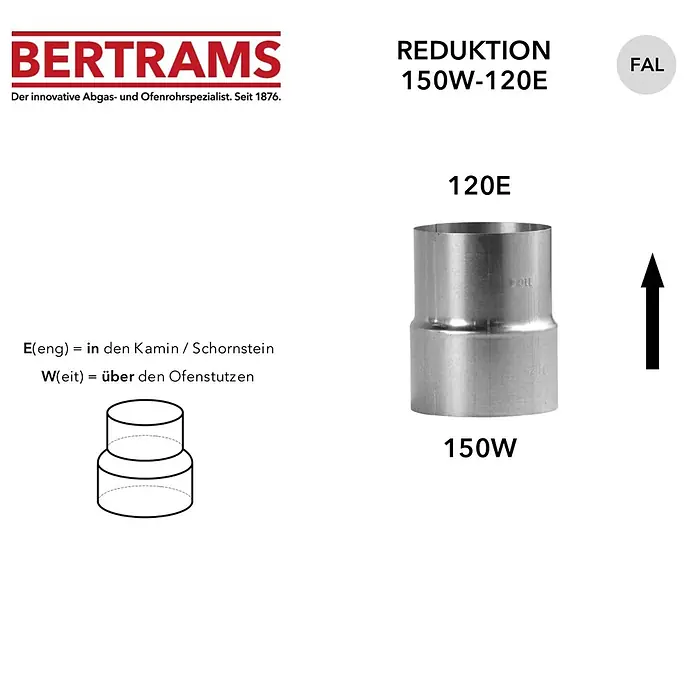 Bertrams Reduzierstück - Durchmesser: 150 mm - 120 mm, Stahl - Silberner Metall-Reduzierer für Abgasrohre, von 150 mm (über Anschluss) auf 120 mm (in Kamin) reduzierend.