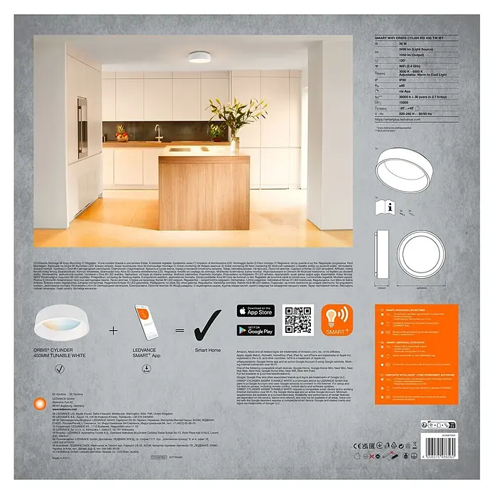 Ledvance Smart+ WiFi LED-Deckenleuchte rund Cylinder - 24 W, Ø x H: 450 x 134 mm, Weiß - Eine runde, weiße LED-Deckenleuchte (450mm Durchmesser) beleuchtet eine moderne Küche. Sie ist einstellbar von warmweiß bis kaltweiß und Smart Home-fähig.