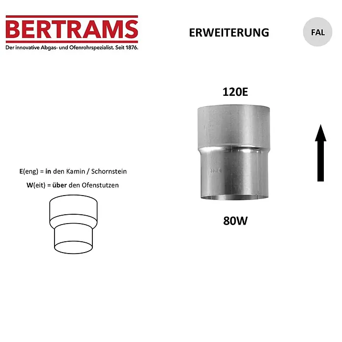 Bertrams Reduzierstück - Rohrdurchmesser: 80 mm - 120 mm, Stahl, Silbergrau - Silberner Ofenrohr-Erweiterungsadapter aus Metall, von 80mm auf 120mm.