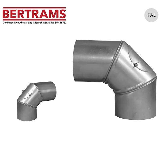 Bertrams Rohrbogen mit Tür drehbar - Durchmesser: 120 mm, 90 °, Stahl - Zwei silberne Metall-Ofenrohrbögen, ein großer und ein kleiner, für Abgasanlagen.