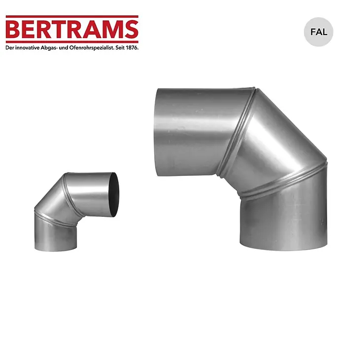Bertrams Rohrbogen ohne Tür drehbar - Durchmesser: 120 mm, 90 °, Stahl - Zwei silberfarbene Abgasrohrbögen aus verzinktem Stahl, ein kleinerer und ein größerer.