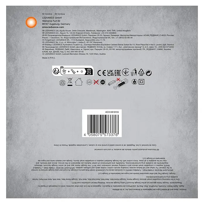 Ledvance LED-Einbauspot - 12 W, Mehrfarbig, Durchmesser: 17 cm, Weiß - Graue Produktverpackung mit LEDVANCE Herstellerdetails, Kennzeichnungen (CE, UKCA, EAC), einem Barcode und Text zur Smart-Home-Kompatibilität einer LED-Leuchte.