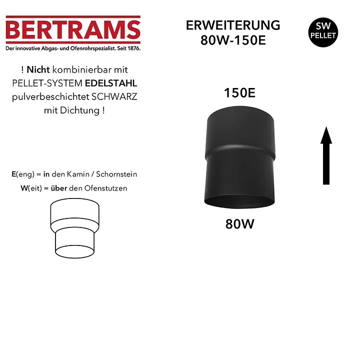 Bertrams Reduzierstück - Durchmesser: 80 mm - 150 mm, Stahl - Schwarze, pulverbeschichtete Edelstahlrohr-Erweiterung für Pelletöfen, verbindet 80mm (Muffe) mit 150mm (Einsteckende).