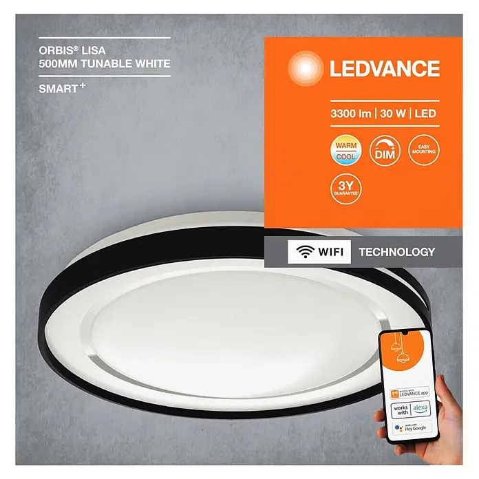 Ledvance LED-Deckenleuchte rund Lisa - 30 W, Ø x H: 48,4 x 8,5 cm, Schwarz, Warmweiß - Runde, smarte LED-Deckenleuchte in Weiß-Schwarz mit einstellbarem Weißton und Dimmfunktion, per WLAN und App steuerbar.