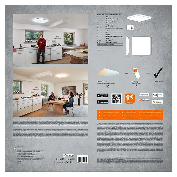 Ledvance LED-Deckenleuchte - 42 W, L x B x H: 53 x 53 x 8,5 cm, Weiß, Mehrfarbig - Weiße, quadratische LED-Smart-Deckenleuchte beleuchtet eine moderne Küche und Essbereich.