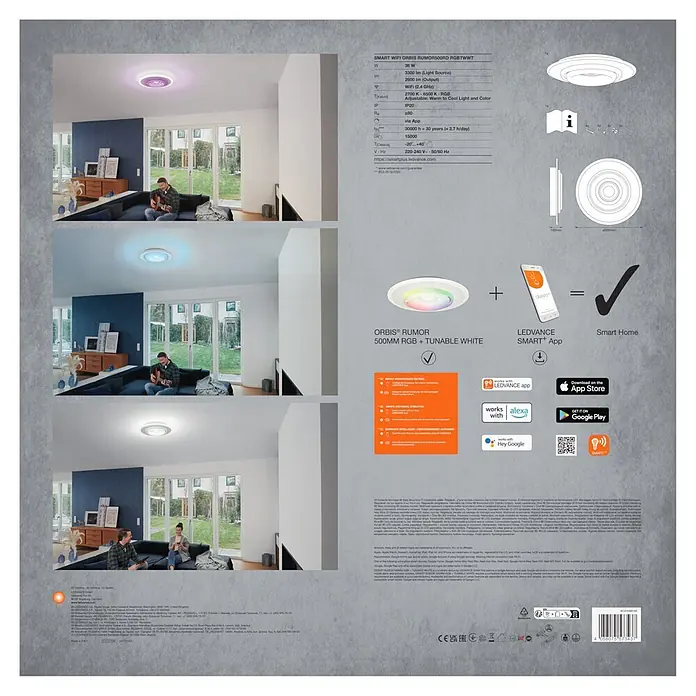 Ledvance LED-Deckenleuchte rund - 32 W, Ø x H: 50 x 10 cm, Weiß, RGBW - Smarte LED-Deckenleuchte (500mm RGB + Tunable White) mit App-Steuerung, in einem modernen Wohnzimmer mit lila, blauem und warmweißem Licht.