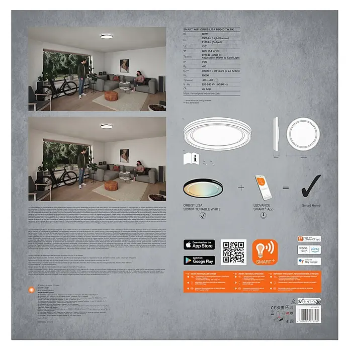 Ledvance LED-Deckenleuchte rund Lisa - 30 W, Ø x H: 48,4 x 8,5 cm, Schwarz, Warmweiß - Runde weiße LEDVANCE ORBIS LISA Smart-WLAN-Deckenleuchte, einstellbares Weiß, in modernem Wohnzimmer mit Smart-Home-Integration.