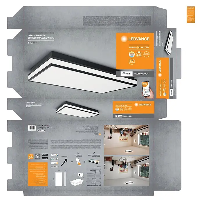 Ledvance LED-Deckenleuchte - 42 W, L x B x H: 60 x 30 x 8,6 cm, Schwarz, Mehrfarbig - Rechteckige ORBIS® MAGNET 600x300 Smart+ LED-Deckenleuchte mit schwarzem Rahmen, weißem Diffusor, Tunable White und WiFi-Funktion.