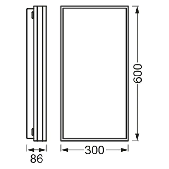 Ledvance LED-Deckenleuchte - 42 W, L x B x H: 60 x 30 x 8,6 cm, Weiß, Mehrfarbig - Technische Zeichnung eines rechteckigen Panels, 600x300x86 mm, Vorder- und Seitenansicht.