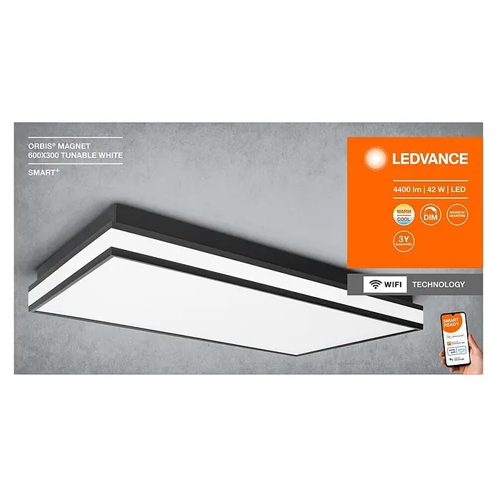 Ledvance LED-Deckenleuchte - 42 W, L x B x H: 60 x 30 x 8,6 cm, Schwarz, Mehrfarbig - ORBIS MAGNET 600x300 smarte LED-Deckenleuchte mit schwarzem Rahmen, abstimmbarem Weißlicht und Dimmfunktion.