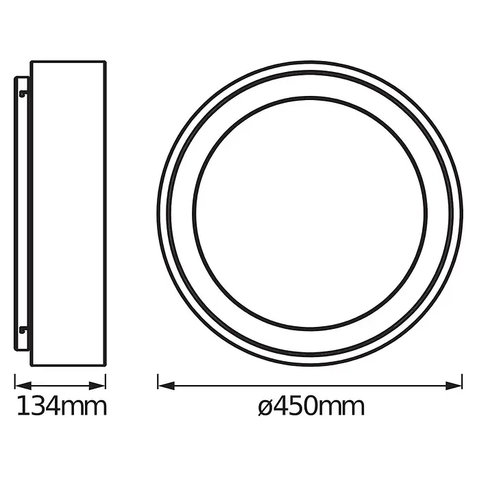 Ledvance Smart+ WiFi LED-Deckenleuchte rund Cylinder - 24 W, Ø x H: 450 x 134 mm, Grau - Technische Zeichnung einer runden Wand- oder Deckenleuchte, Durchmesser 450mm, Tiefe 134mm.