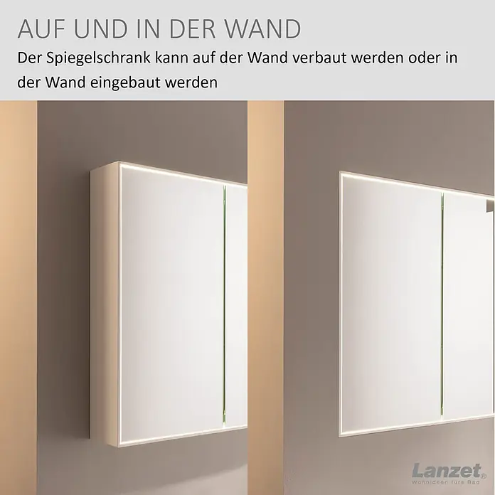 Lanzet Dune LED-Spiegelschrank - B x H: 101,8 x 70,2 cm, Holz, Weiß - Weißer Spiegelschrank mit integrierter Beleuchtung, zur Aufputz- und Unterputzmontage geeignet.