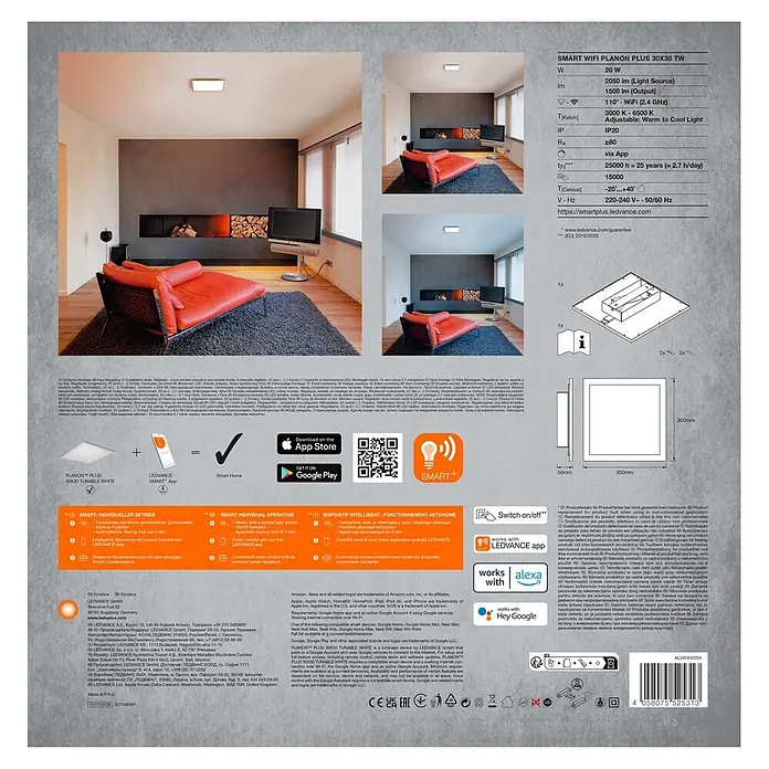 Ledvance Smart+ WiFi LED-Panel Planon Plus - L x B x H: 300 x 300 x 56 mm, Weiß, Warmweiß - Quadratische weiße Smart-LED-Deckenleuchte (300x300mm) mit einstellbarem Weißlicht und App-/Sprachsteuerung.