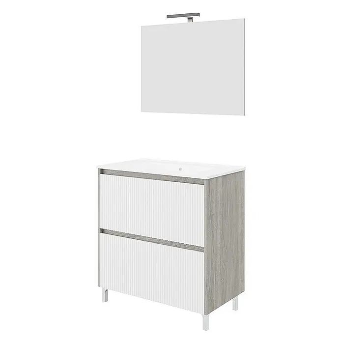 Kiamami Valentina Badmöbel-Set - Weiß - Badezimmermöbel mit weißer Platte, grauem Holzrahmen, zwei weißen gerippten Schubladen und passendem Spiegel mit Licht.