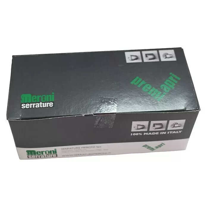 Pomo para puerta 11/70 - Aluminio, Blanco/Negro - Caja de cartón gris oscuro para Meroni serrature (cerraduras) con logos verdes, texto "100% MADE IN ITALY" e iconos de cerradura.