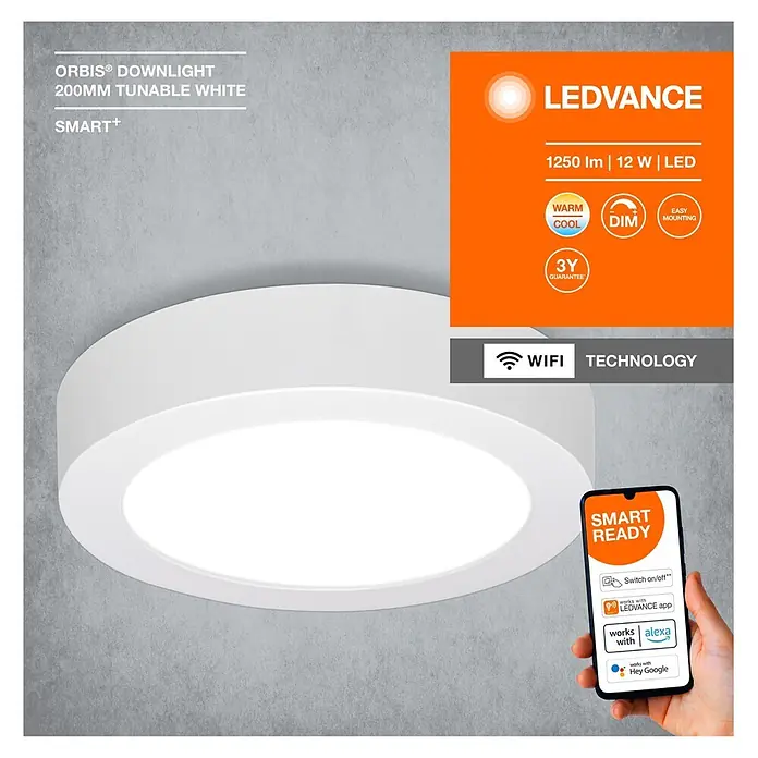 Ledvance Smart+ WiFi LED-Deckenleuchte - 12 W, Warmweiß, Durchmesser: 20 cm - Weißes LEDVANCE Orbis 200mm Smart-Downlight, tunable white und dimmbar, mit App- und Sprachsteuerung.