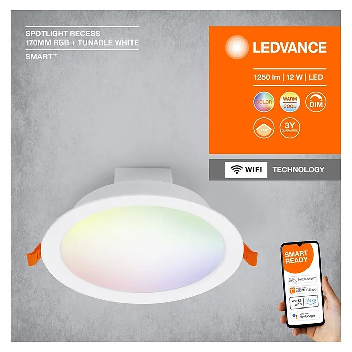 Ledvance LED-Einbauspot - 12 W, Mehrfarbig, Durchmesser: 17 cm, Weiß - Weißer runder LEDVANCE smarter Einbaustrahler, zeigt farbiges RGB- und abstimmbares Weißlicht, mit WLAN-Technologie.