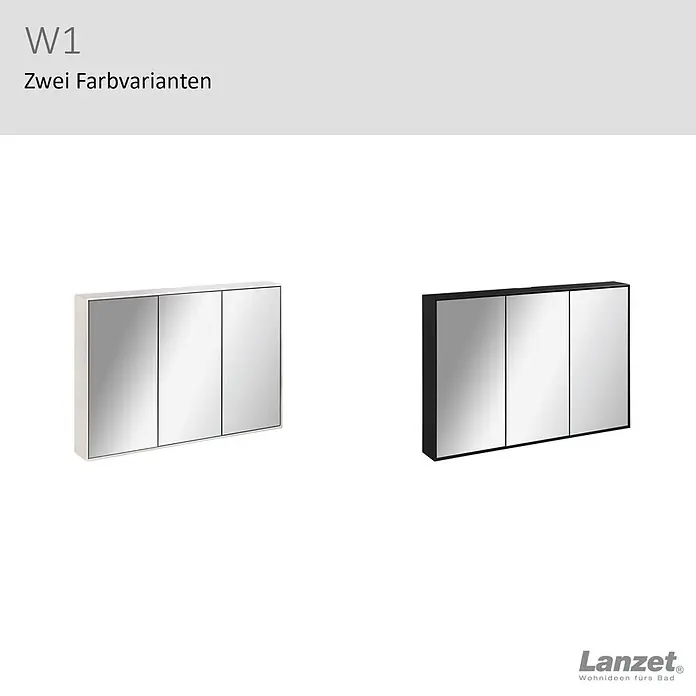 Lanzet Dune LED-Spiegelschrank - B x H: 101,8 x 70,2 cm, Holz, Schwarz - Zwei Badspiegelschränke, jeweils mit drei Spiegeltüren, einer in Weiß und einer in Schwarz.