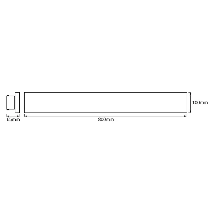 Ledvance Smart+ WiFi LED-Panel Planon Frameless - Weiß - Technische Zeichnung eines rechteckigen Bauteils, 800mm lang, 100mm hoch, mit 65mm Endbefestigung.