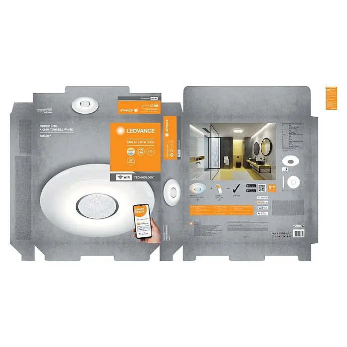 Ledvance Smart+ WiFi LED-Deckenleuchte rund Ceiling Kite - 24 W, Ø x H: 410 x 68 mm, Weiß - Runde, weiße 410mm LEDVANCE ORBIS KITE Smart+ Deckenleuchte mit einstellbarem Weißlicht, per App steuerbar.