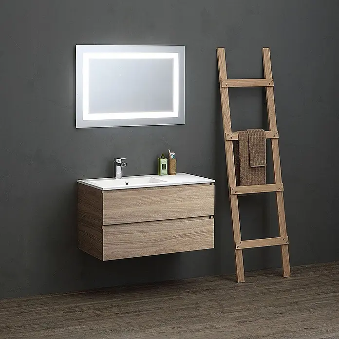 Kiamami Valentina Badmöbel-Set - Helles Holz - Wandhängender Badwaschtisch aus Holz mit integriertem Waschbecken, beleuchtetem Spiegel und freistehender Handtuchleiter aus Holz.