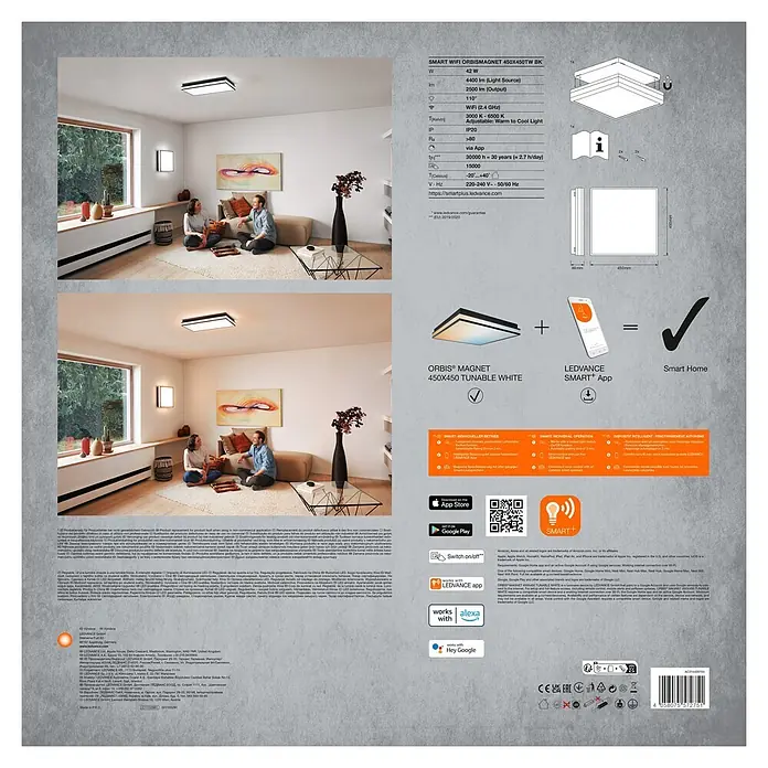 Ledvance LED-Deckenleuchte - 42 W, L x B x H: 45 x 45 x 8,6 cm, Schwarz, Mehrfarbig - Rechteckige smarte LED-Deckenleuchte mit schwarzem Rahmen, die abstimmbares Weißlicht in einem modernen Wohnzimmer zeigt.