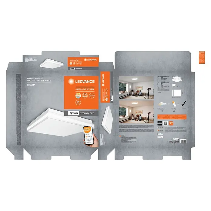 Ledvance LED-Deckenleuchte - 42 W, L x B x H: 45 x 45 x 8,6 cm, Weiß, Mehrfarbig - Verpackung für eine ORBIS® MAGNET 450x450 Tunable White Smart+ LED-Leuchte, mit Smart-Funktionen, Dimmung und Magnetbefestigung.