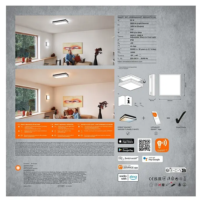 Ledvance LED-Deckenleuchte - 26 W, L x B x H: 30 x 30 x 8,6 cm, Schwarz, Warmweiß - Quadratische smarte LED-Deckenleuchte, schwarzer Rahmen, weißer Diffusor, in modernem Wohnraum installiert, mit technischen Daten und Smart-Home-Funktionen.