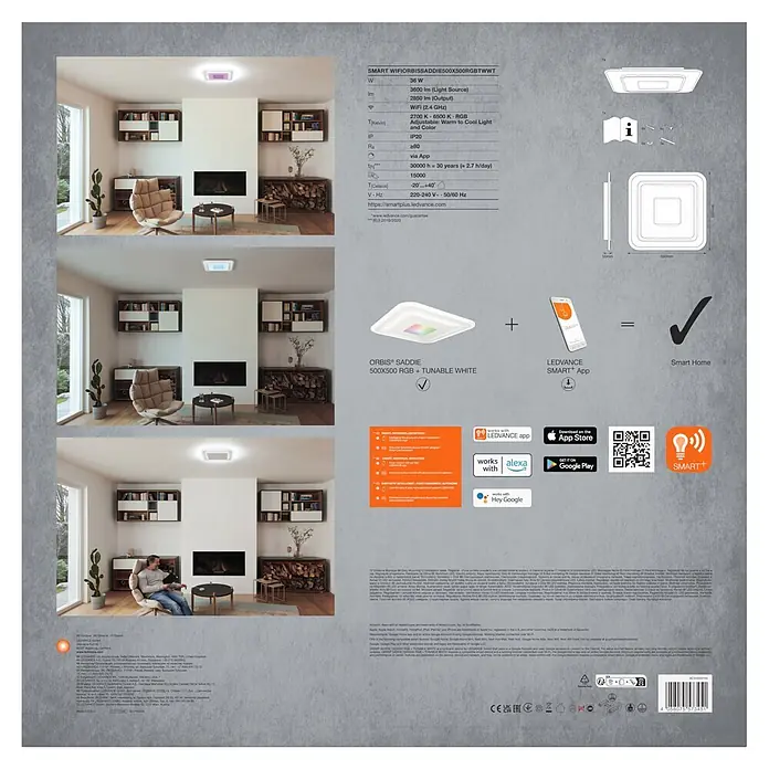 Ledvance LED-Deckenleuchte - 32 W, L x B x H: 50 x 50 x 5,5 cm, Weiß, RGBW - LEDVANCE ORBIS SADDIE quadratische Smart-LED-Deckenleuchte (500x500mm) mit RGB und tunable White für moderne Smart Homes.