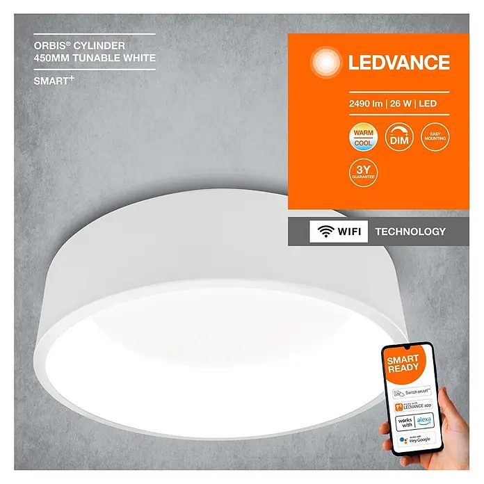 Ledvance Smart+ WiFi LED-Deckenleuchte rund Cylinder - 24 W, Ø x H: 450 x 134 mm, Weiß - Weiße LEDVANCE ORBIS Cylinder Smart-LED-Deckenleuchte, dimmbar mit einstellbarer Lichtfarbe per App.