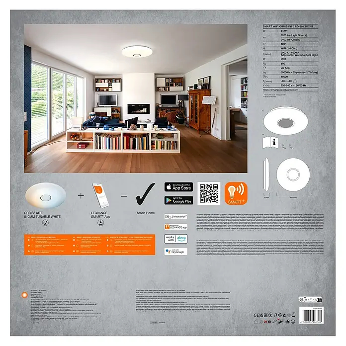 Ledvance Smart+ WiFi LED-Deckenleuchte rund Ceiling Kite - 32 W, Ø x H: 510 x 83 mm, Weiß - Runde weiße, smarte LED-Deckenleuchte mit Tunable-White-Funktion, 510mm, beleuchtet ein modernes Wohnzimmer.
