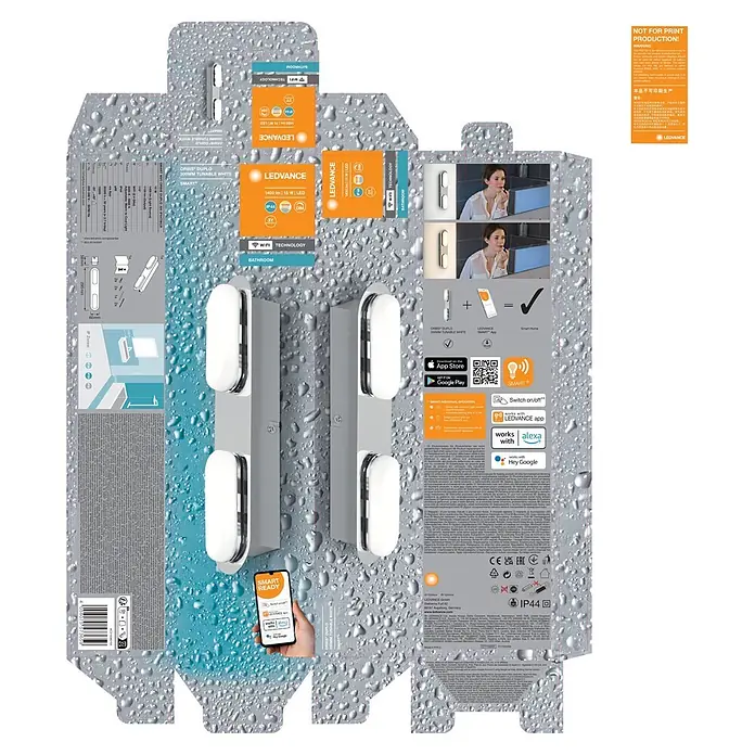 Ledvance LED-Wandstrahler - 15 W, L x B x H: 29,5 x 6 x 5,8 cm, Silber, Mehrfarbig, 2 Stk. - Eine rechteckige, weiße und verchromte LEDVANCE Smart-LED-Leuchte, dimmbar und mit einstellbarer Lichtfarbe, für das Bad, über einem Spiegel installiert.