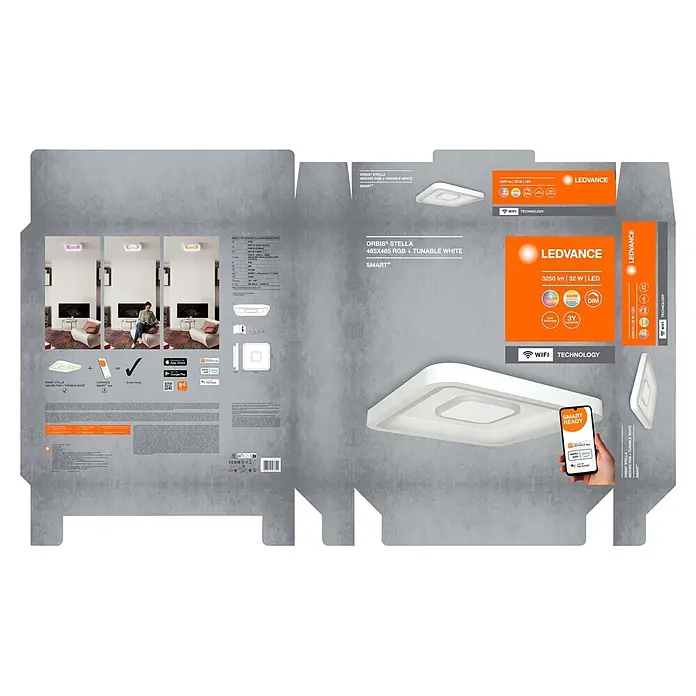 Ledvance LED-Deckenleuchte - 32 W, L x B x H: 48,5 x 48,5 x 8 cm, Weiß, Mehrfarbig - Verpackung einer LEDVANCE ORBIS STELLA Smart-LED-Deckenleuchte. Sie zeigt die weiße, quadratische Leuchte mit RGB und einstellbarem Weißlicht.
