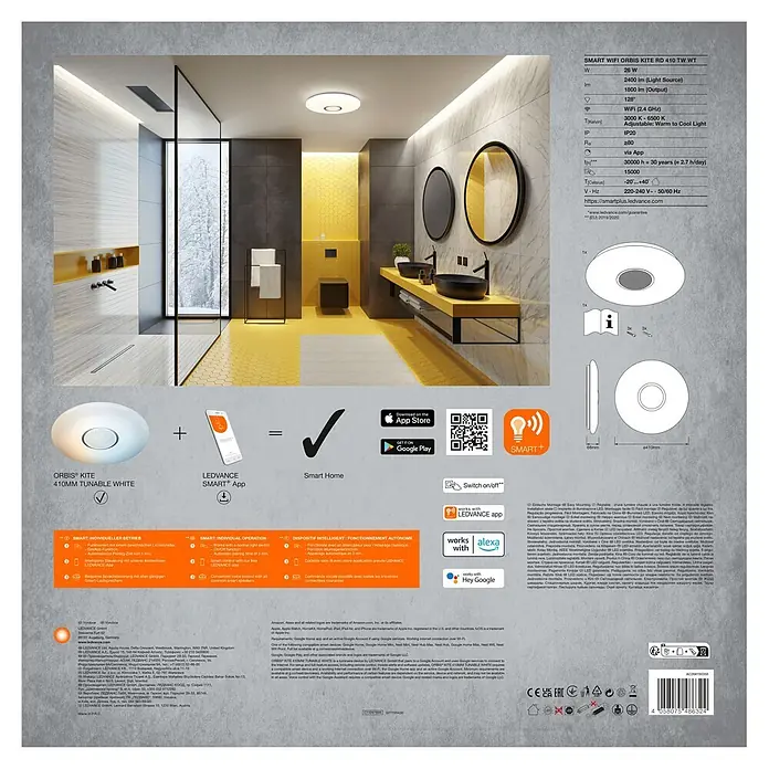 Ledvance Smart+ WiFi LED-Deckenleuchte rund Ceiling Kite - 24 W, Ø x H: 410 x 68 mm, Weiß - Rundes weißes LED-Deckenlicht für Smart-Home-Integration, in modernem Badezimmer dargestellt.