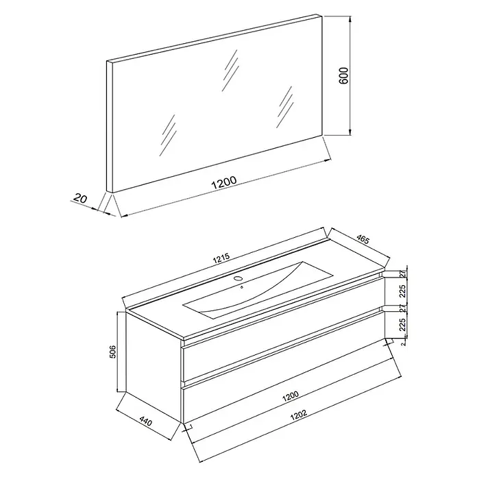 Kiamami Valentina Badmöbel-Set - Braun - Weißer Badezimmerschrank mit zwei Schubladen und integriertem Waschbecken, dazu ein rechteckiger Wandspiegel.