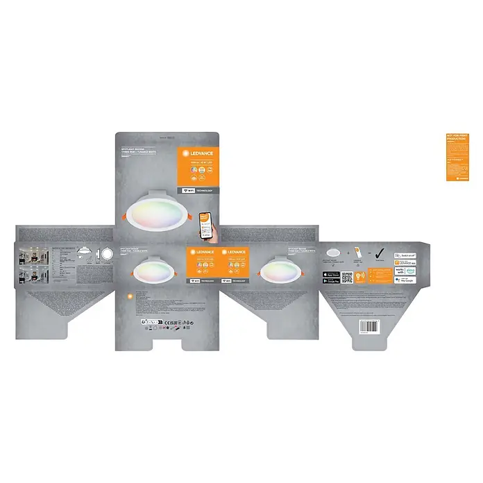 Ledvance LED-Einbauspot - 12 W, Mehrfarbig, Durchmesser: 17 cm, Weiß - Weißer LEDVANCE Smart+ 170mm RGB+Tunable White Einbaustrahler auf einer Produktverpackung, der verschiedene Lichtfarben zeigt.