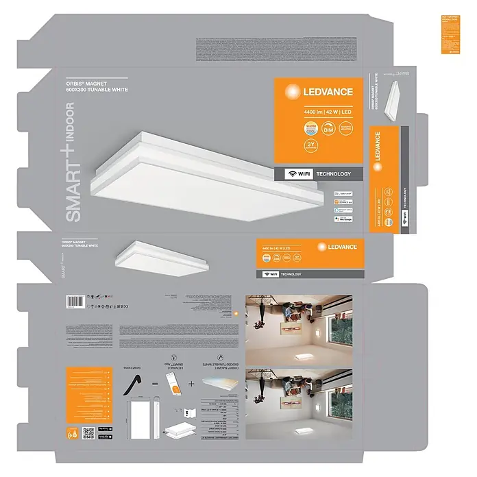 Ledvance LED-Deckenleuchte - 42 W, L x B x H: 60 x 30 x 8,6 cm, Weiß, Mehrfarbig - Weißes LEDVANCE ORBIS MAGNET 600x300 smartes, abstimmbares weißes LED-Panel, in Wohnräumen an der Decke montiert.