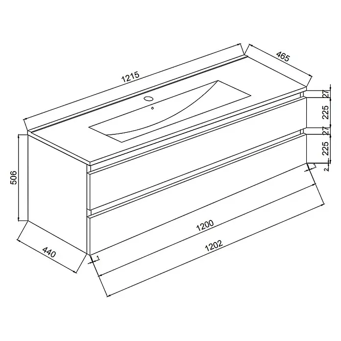 Kiamami Valentina Badmöbel-Set - Braun - Technische Zeichnung eines rechteckigen Badmöbels mit integriertem Waschbecken und zwei Schubladen.