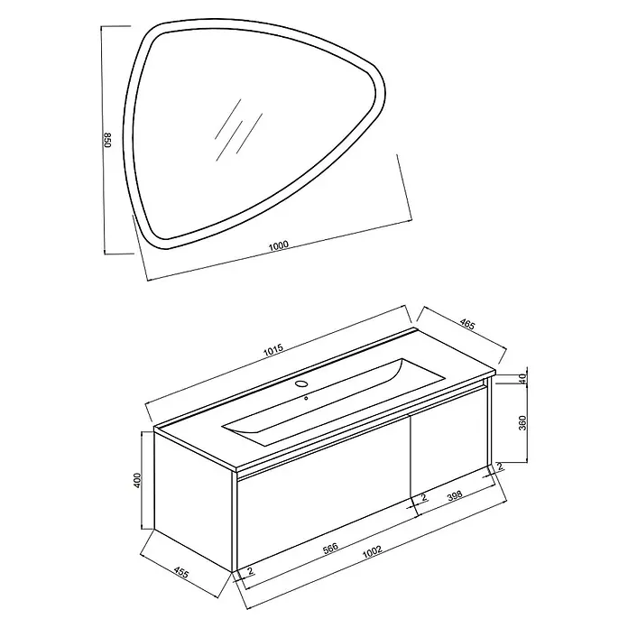 Kiamami Valentina Badmöbel-Set - Grau - Technische Zeichnung eines asymmetrischen Spiegels und eines wandmontierten Badunterschranks mit integriertem Waschbecken.