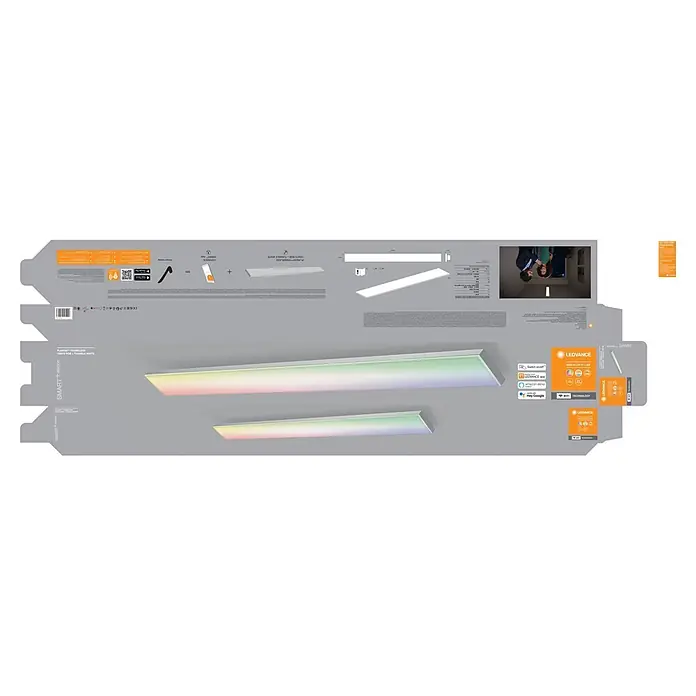 Ledvance Smart+ WiFi LED-Panel Planon Frameless - 35 W, L x B x H: 1.200 x 100 x 65 mm, Weiß, RGBW - Rahmenloses smartes LED-Panel (120x10cm) mit RGB und abstimmbarem Weißlicht, auf Verpackung gezeigt.