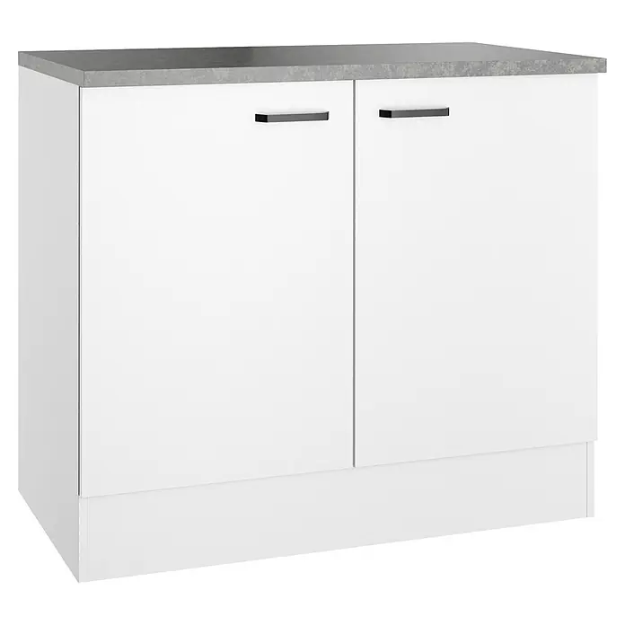 Optifit Optimulti Spülenunterschrank Bonn214 - 60 x 100 x 88 cm, Dekor Front: Weiß - Weißer Unterschrank mit zwei Türen, grauer Arbeitsplatte und schwarzen Griffen.