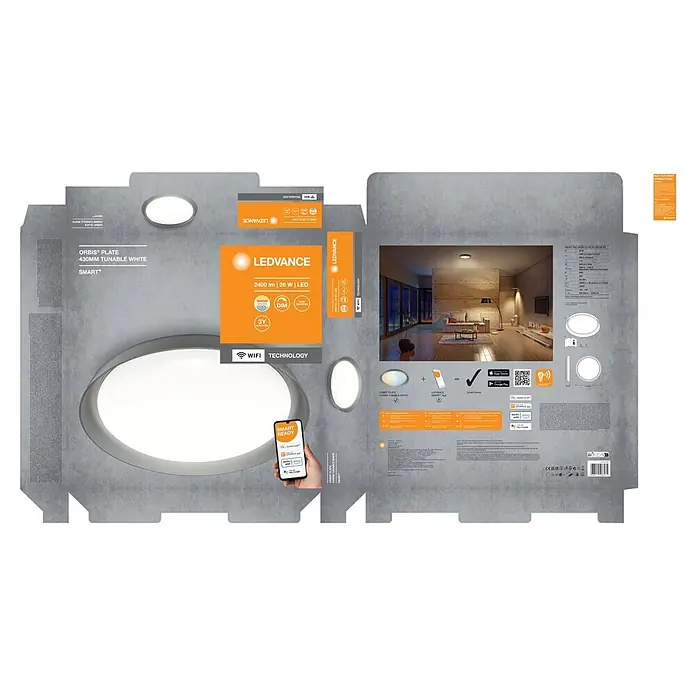 Ledvance Smart+ WiFi LED-Deckenleuchte rund Ceiling Plate - 26 W, Ø x H: 430 x 70 mm, Grau - Verpackung der runden, weißen LEDVANCE ORBIS Plate 430mm Smart-LED-Leuchte.