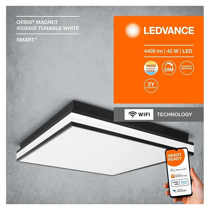 Ledvance LED-Deckenleuchte - 42 W, L x B x H: 45 x 45 x 8,6 cm, Schwarz, Mehrfarbig - Quadratische LED-Deckenleuchte mit schwarzem Rahmen und weißer Leuchtfläche. Bietet abstimmbares Weiß, Dimmfunktion und Smart Control über Wi-Fi.