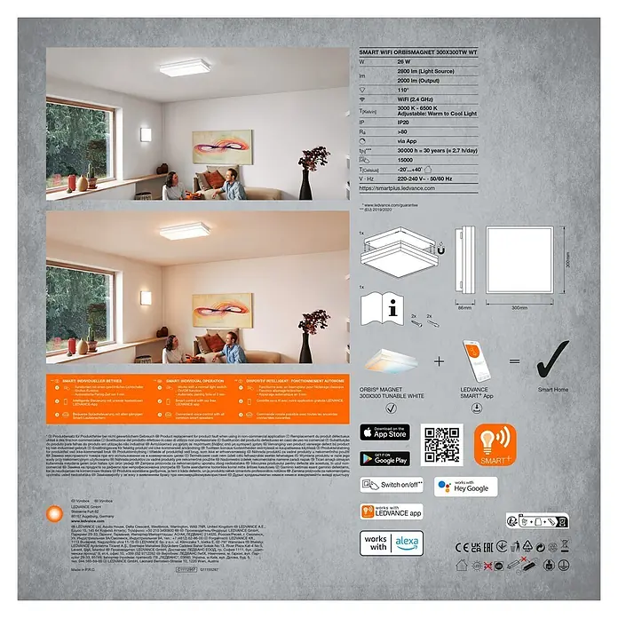 Ledvance LED-Deckenleuchte - 26 W, L x B x H: 30 x 30 x 8,6 cm, Weiß, Warmweiß - Weißes quadratisches smartes WLAN LED-Panel, Aufbauleuchte, mit App- und Sprachsteuerung.