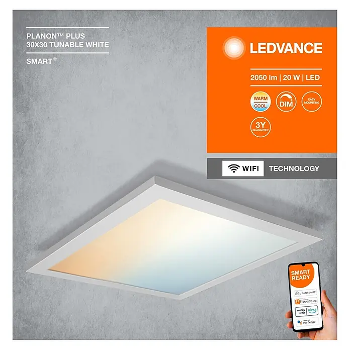 Ledvance Smart+ WiFi LED-Panel Planon Plus - L x B x H: 300 x 300 x 56 mm, Weiß, Warmweiß - Weißes quadratisches LED-Panel, das abstimmbares warm- bis kaltweißes Licht abgibt. Eine smarte Decken- oder Wandleuchte.