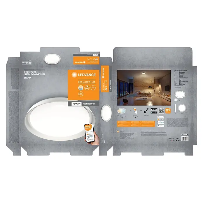 Ledvance Smart+ WiFi LED-Deckenleuchte rund Ceiling Plate - 24 W, Ø x H: 430 x 70 mm, Weiß - Aufgefaltete graue Verpackung für eine runde, weiße LEDVANCE ORBIS® PLATE Smart+ Leuchte, mit Produktmerkmalen und Rauminstallation.